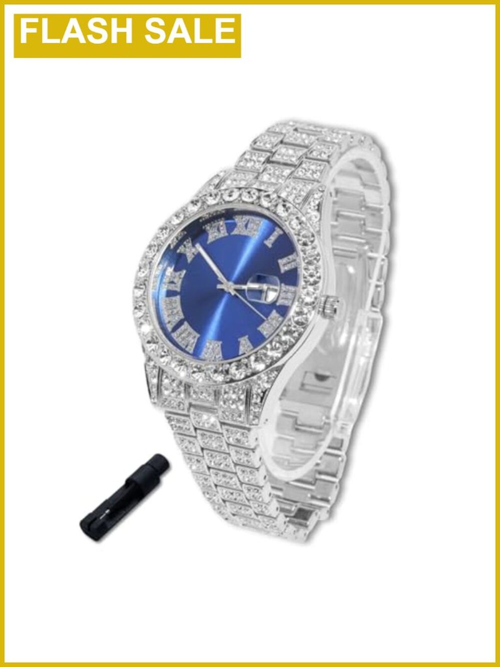 Kids Diamond Watch Bling 18K Gold Plated 42mm Round Dial Adjuster Tool